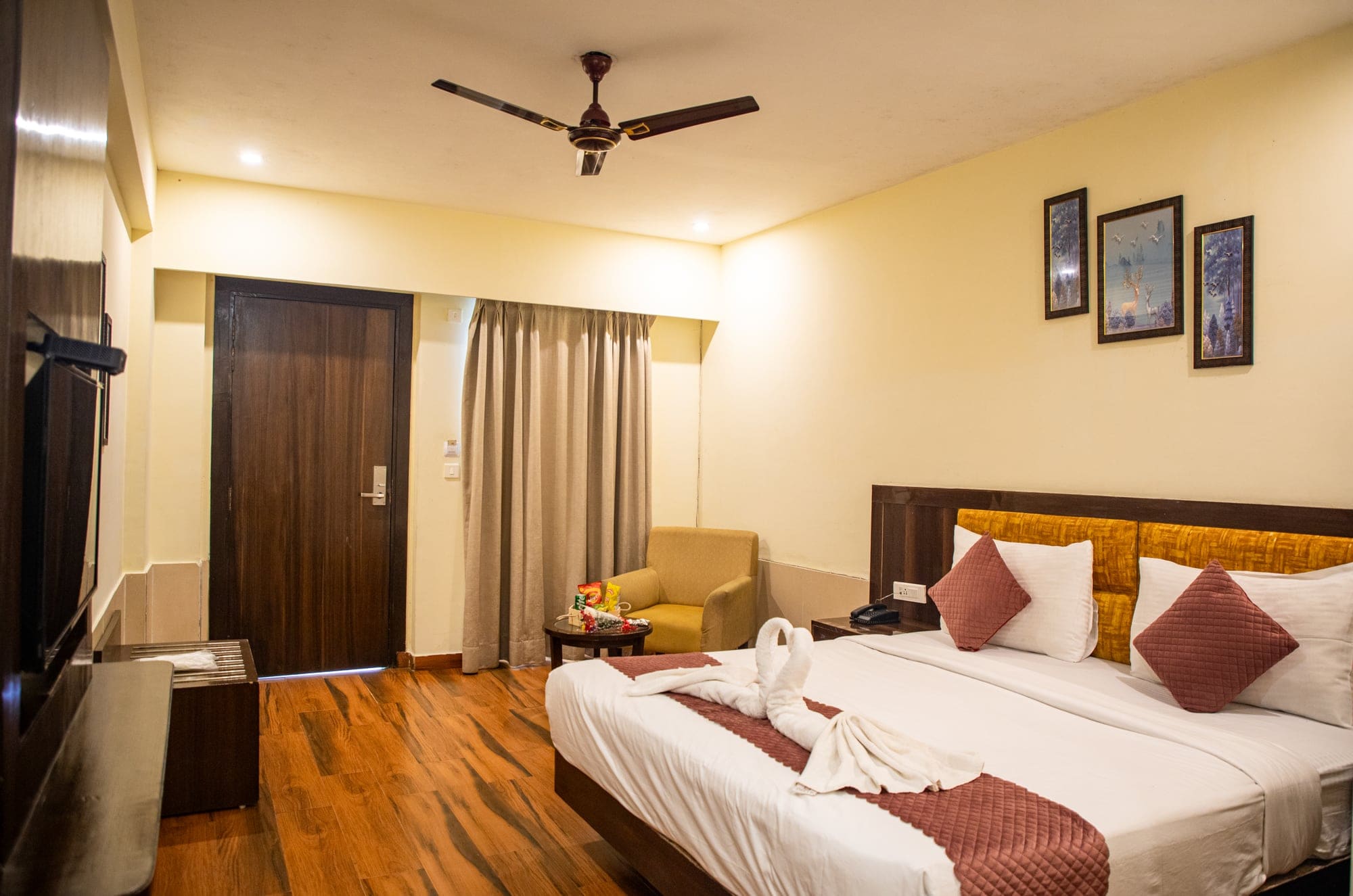 Standard Room seen from the entrance with TV and wardrobe