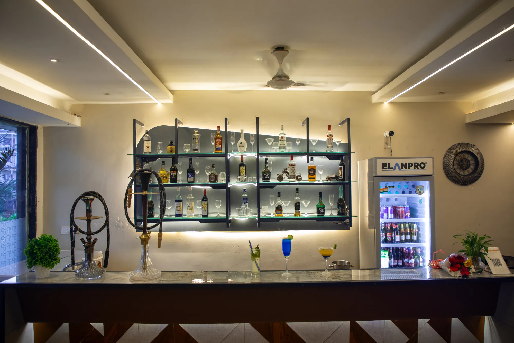 The bar in the evening with drinks on the counter