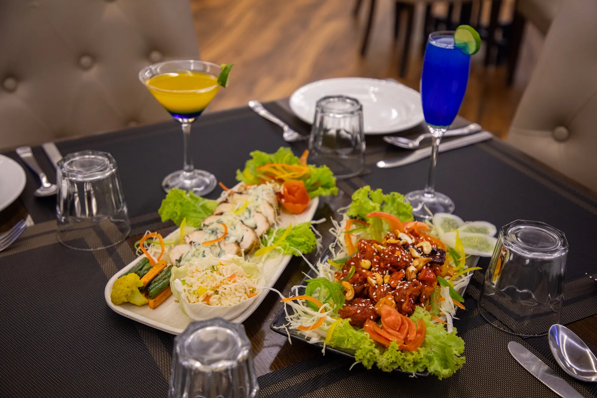 Starters served with cocktails at a dining table